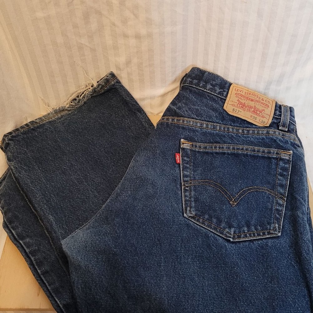 Levis 517 Bootcut Jeans 2006 Dark Blue Wear Bottom Hem 36 x 30 Mens